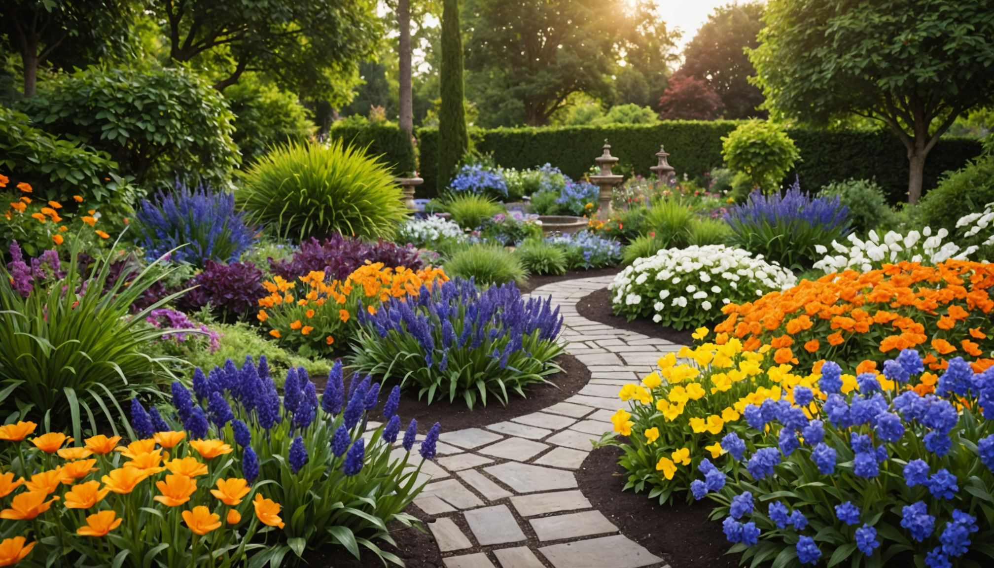 éléments indispensables pour un jardin harmonieux — té bleus, violets, blancs complémentaires dynamisme, vivacité bleu