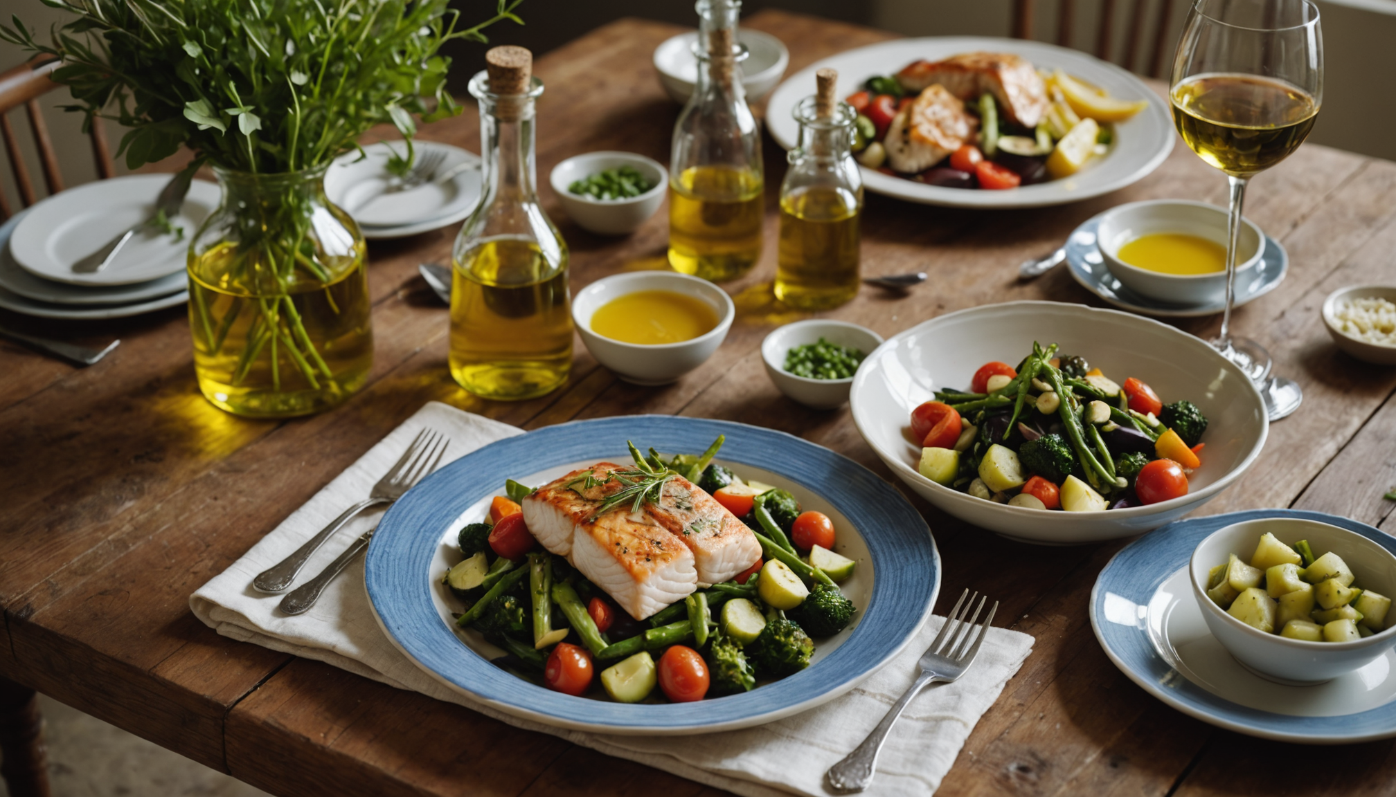 Illustration : es : filet sur des légumes vapeur, assaisonnement — secrets cachés : l'huile d'olive primée à découvrir