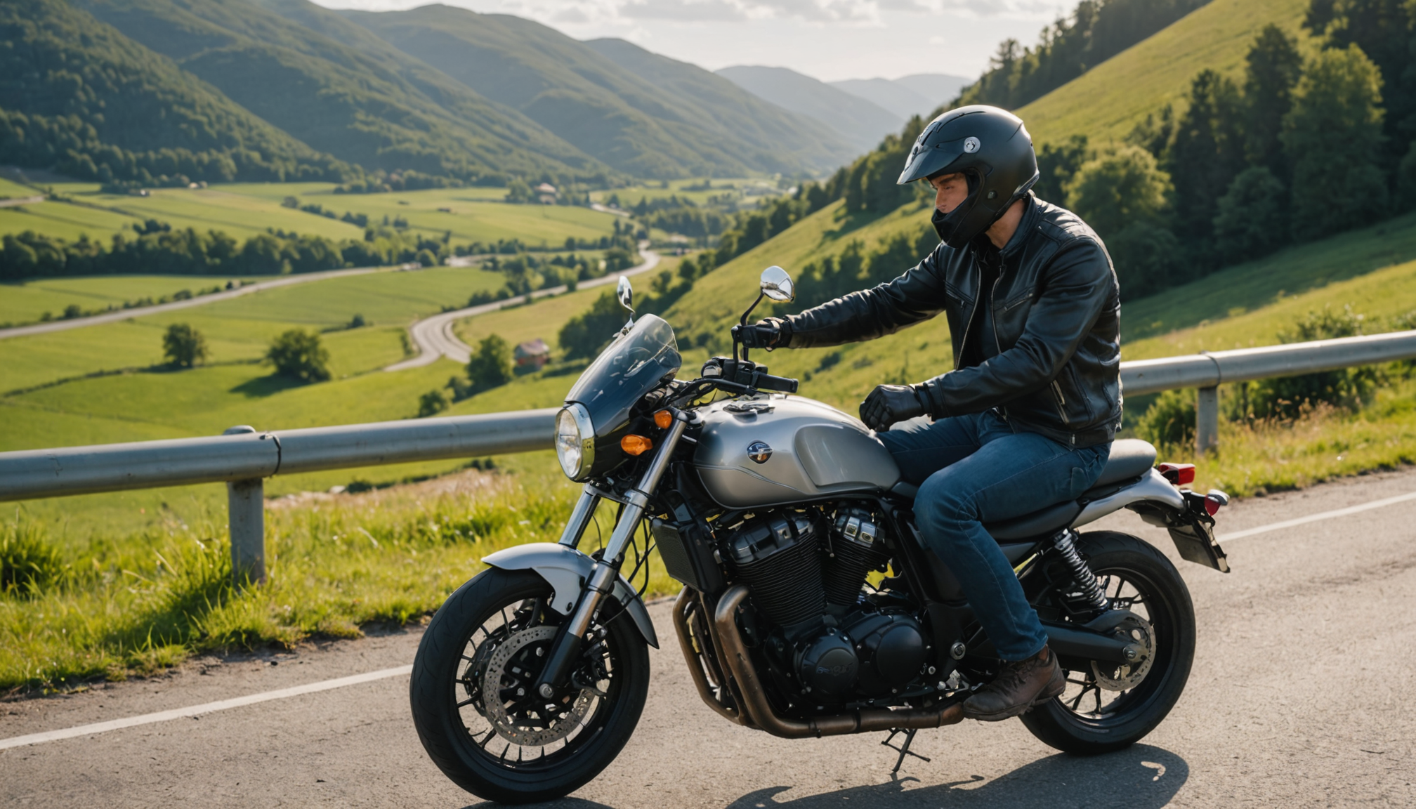 Illustration : un motard bien nourri et correctement hydraté maintient — réflexes essentiels pour récupérer lors d’un trajet à moto