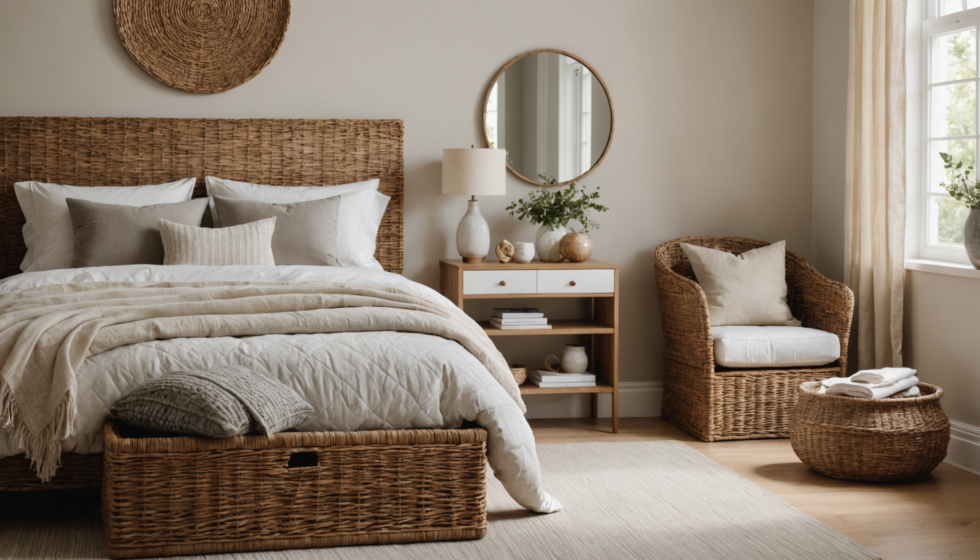 Illustration : ut en exposant objets décoratifs paniers en osier — idées neuves pour un intérieur moderne et fonctionnel