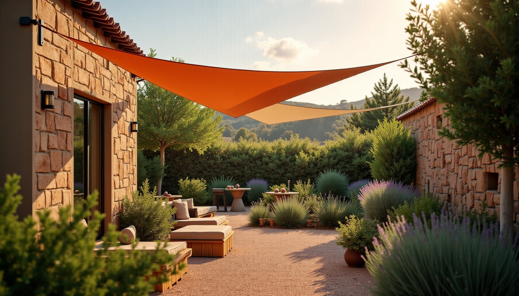Illustration : les voiles d'ombrage triangulaires représentent une solution contemporaine — guide ultime pour créer un jardin méditerranéen qui survit à la canicule