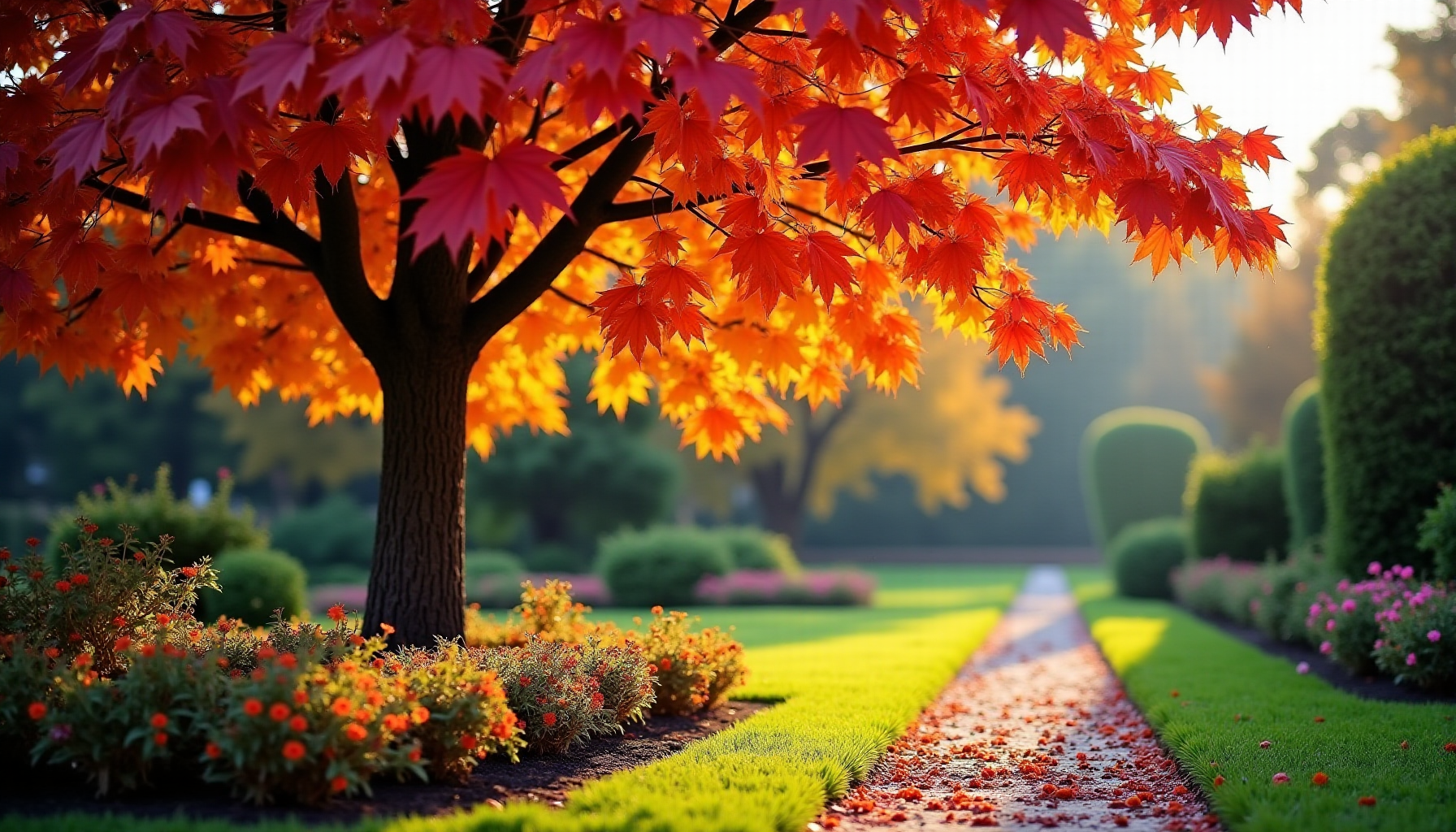 Illustration : ratissez régulièrement sous l'arbre pour éliminer ces capsules — appréciez l'éclat automnal du liquidambar au jardin