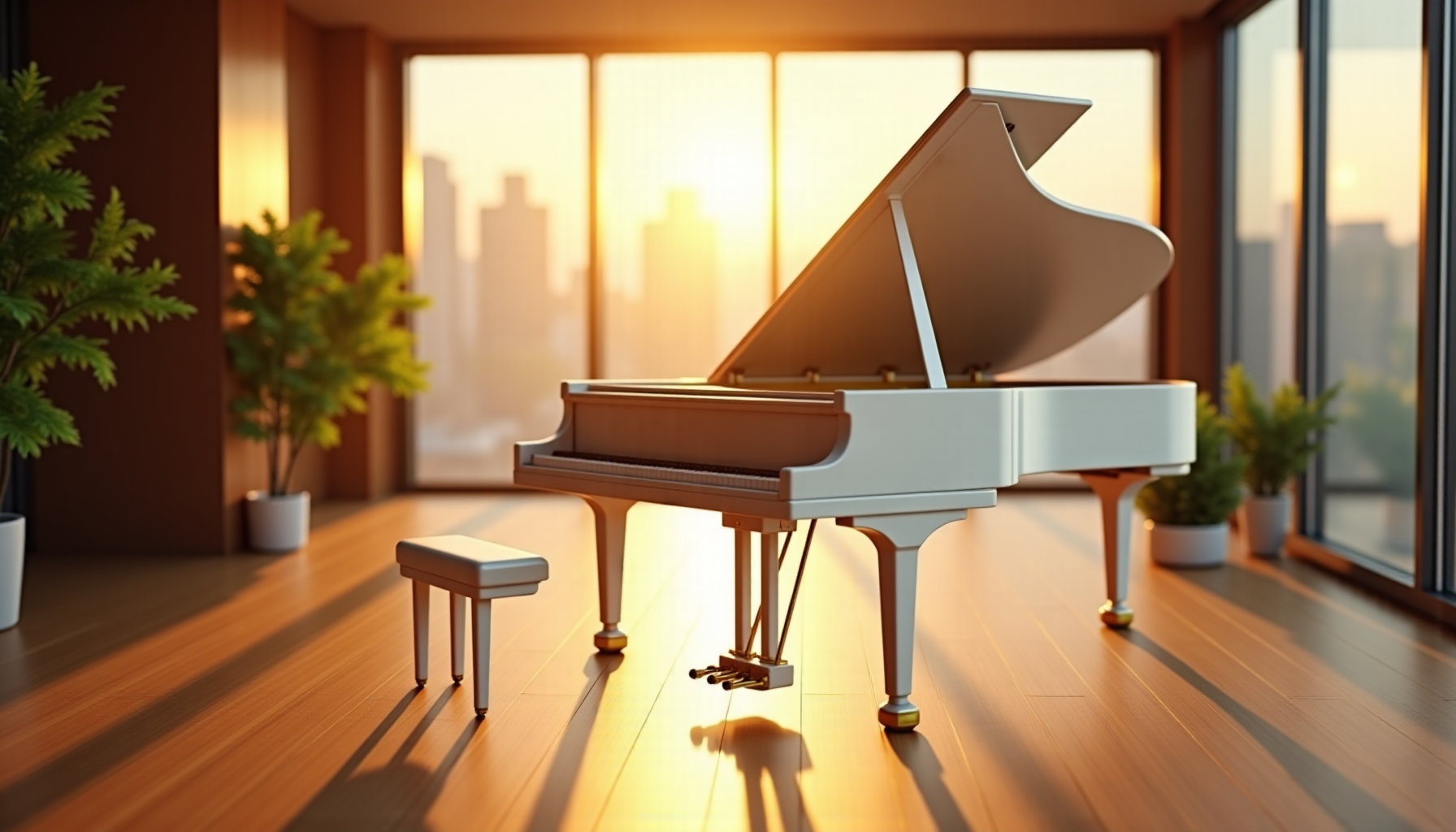 Piano à queue blanc moderne dans un salon lumineux avec grandes baies vitrées donnant sur une vue urbaine au coucher du soleil.
