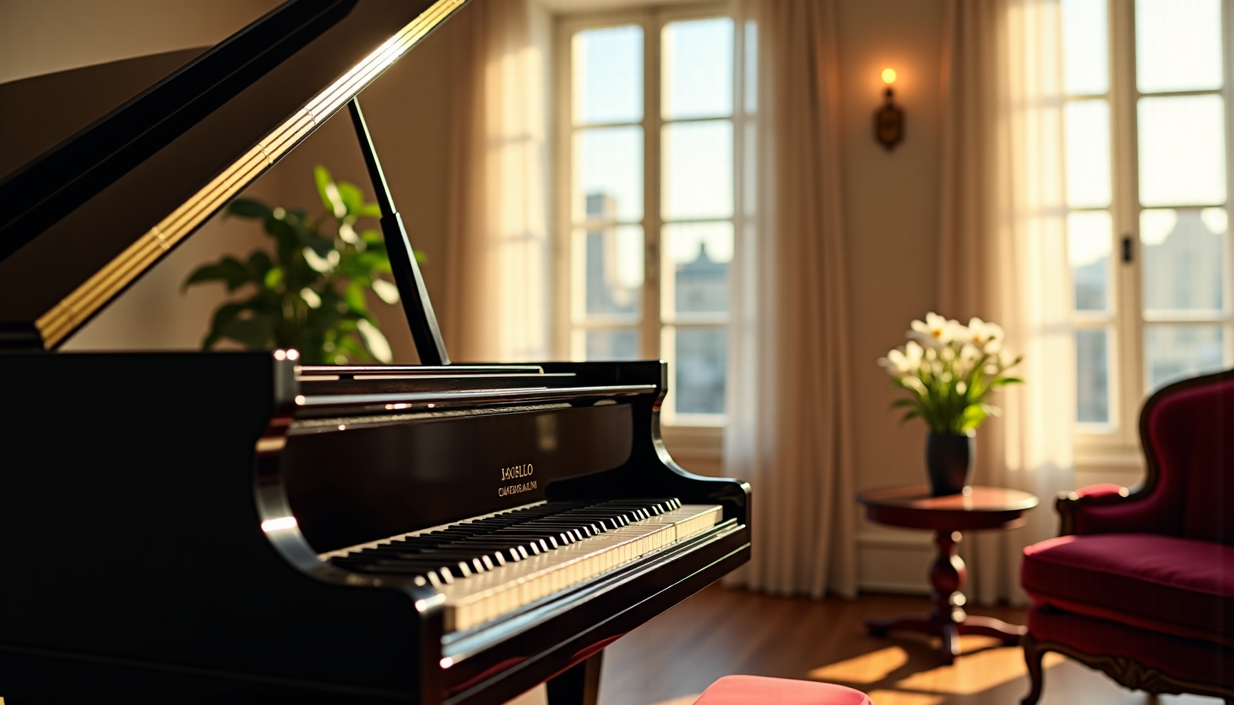 Piano à queue élégant en bois dans un salon lumineux, avec un vase de fleurs posé sur l’instrument et une bibliothèque en arrière-plan.