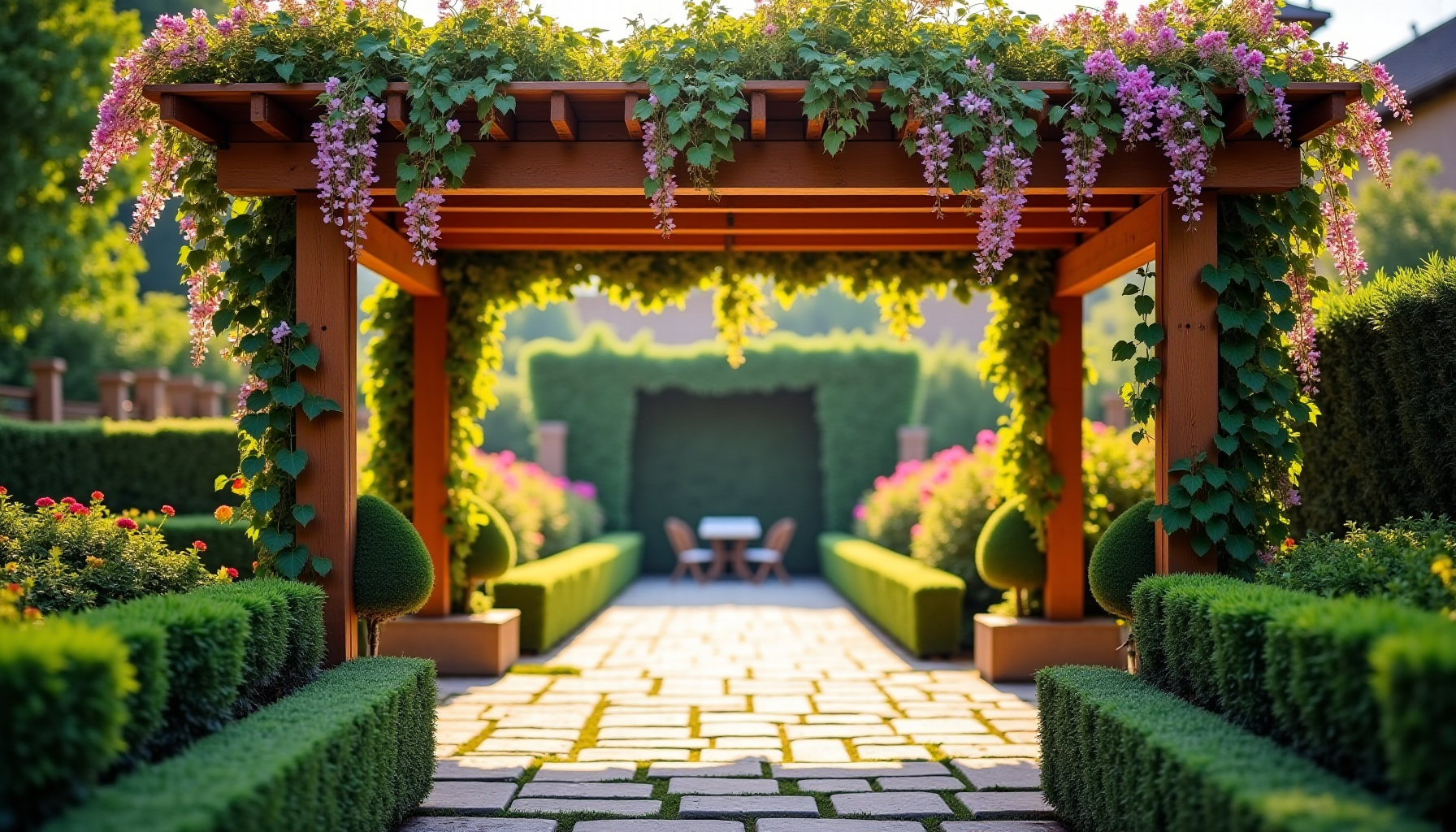 Illustration : isation pergola glycine, bignone, passiflore plein soleil taille — 3 astuces pour embellir votre espace extérieur immobilier