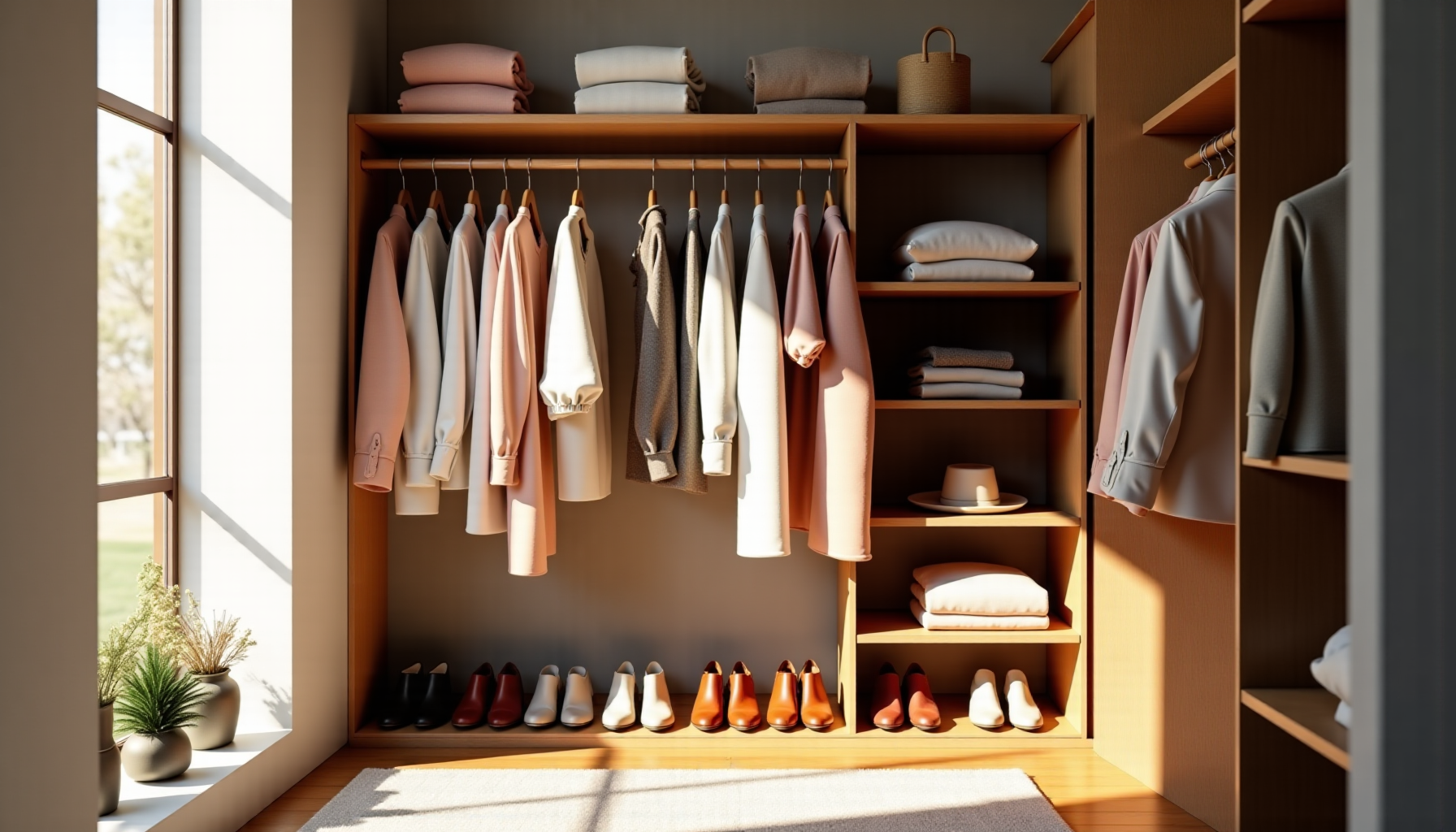 Illustration : un dressing ordonné où chaque pièce a sa — harmonie du corps et de l'esprit à travers la mode