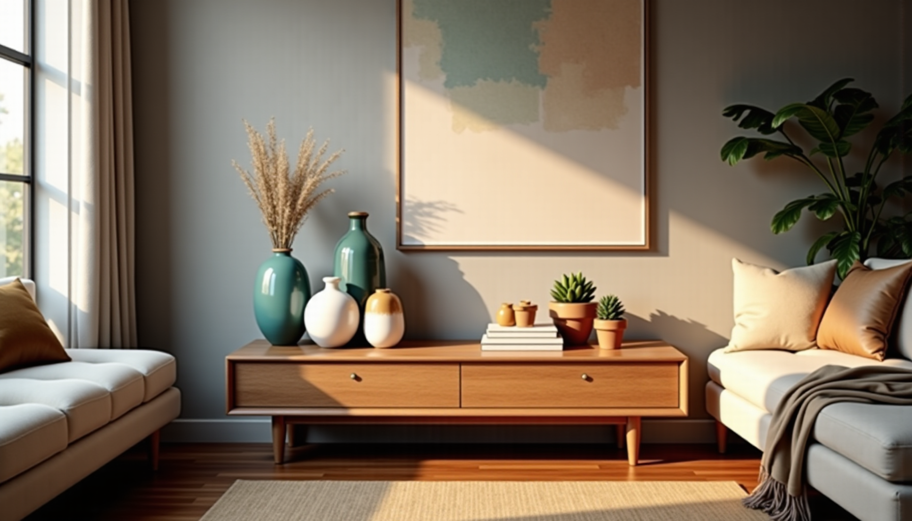 Illustration : sur une étagère ou une console, regroupez les — 7 astuces pour une décoration intérieure élégante et chaleureuse