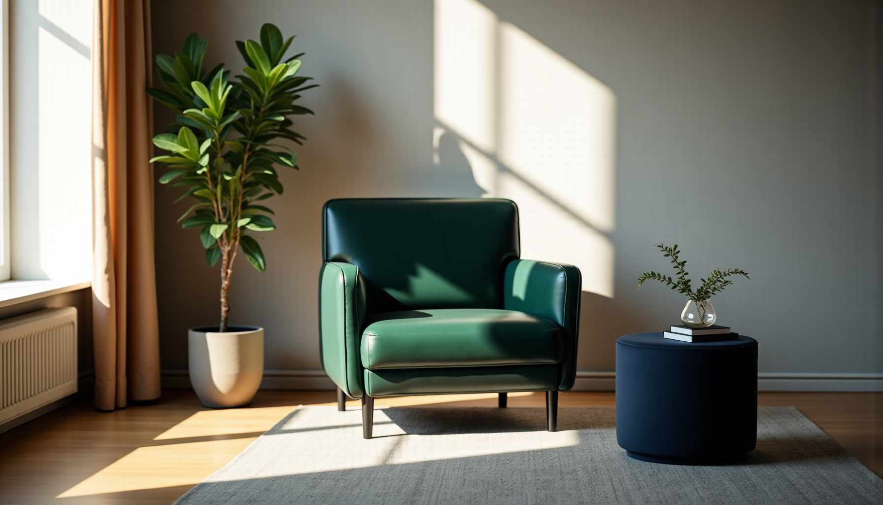Illustration : au vert forêt, bleu marine, gris anthracite cuir, — couleurs et textures : équilibre parfait pour votre intérieur