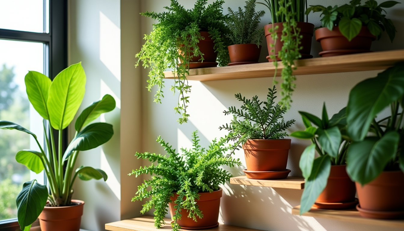 Illustration : les étagères murales asymétriques offrent un terrain de — conseils pour disposer les plantes à l'intérieur