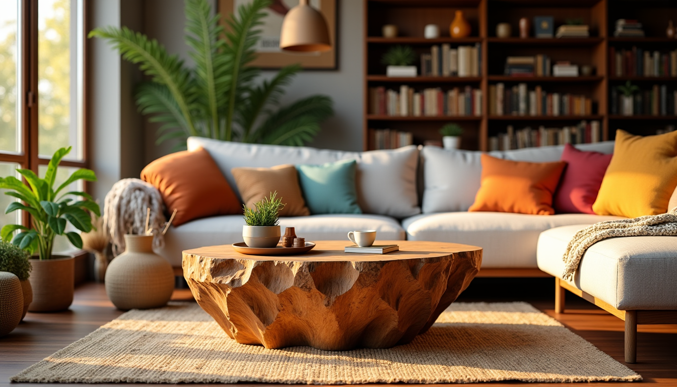 salon bohème chic : 10 idées inspirantes pour une ambiance cosy et naturelle — misez sur des tables basses en bois massif