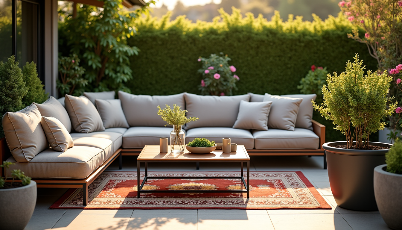 astuces insoupçonnées pour sublimer votre jardin extérieur — salon de verdure : canapés d'extérieur, tapis résistant,