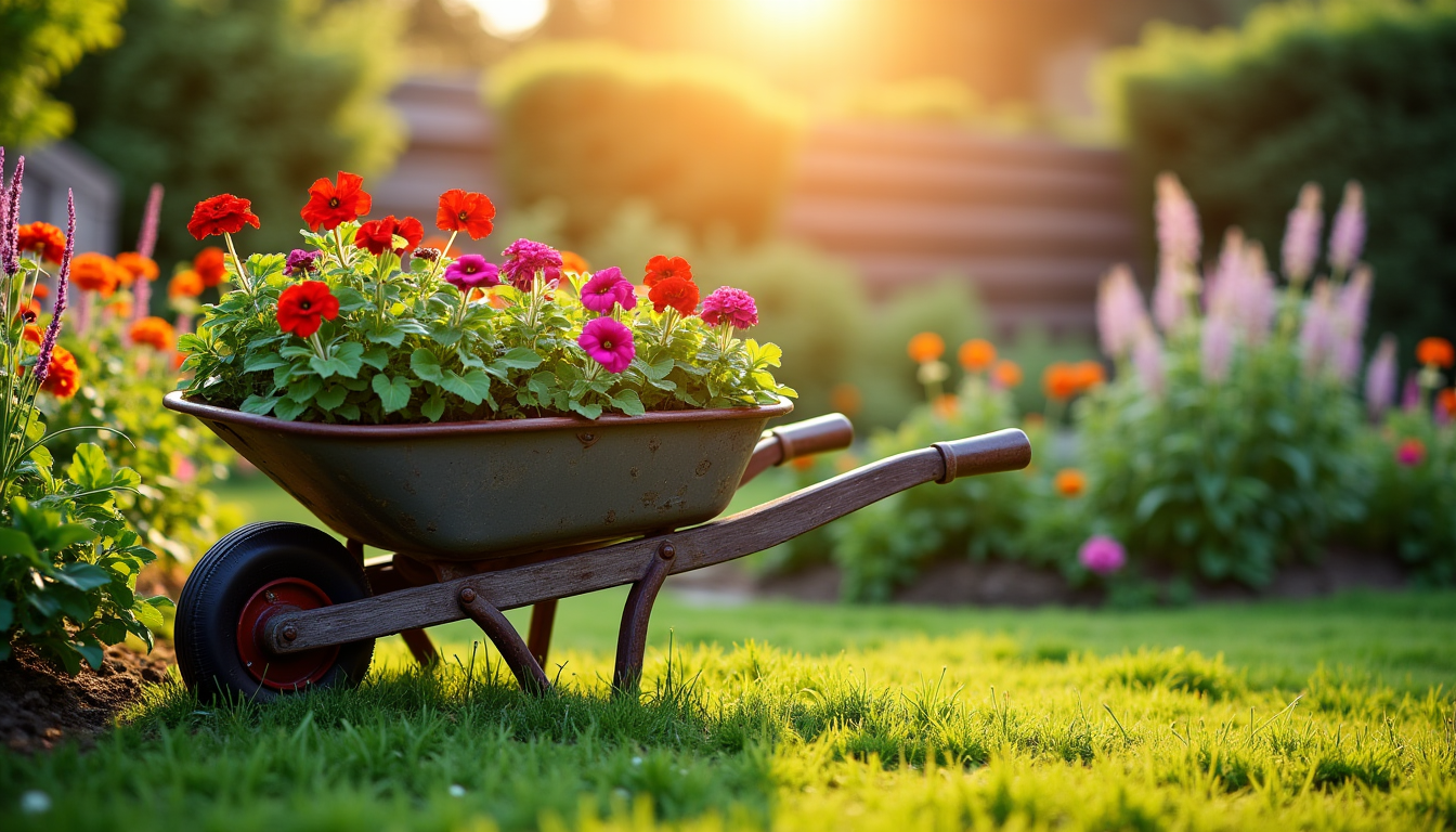 Illustration : mme une vieille brouette transformée en jardinière, peuvent — astuces insoupçonnées pour sublimer votre jardin extérieur