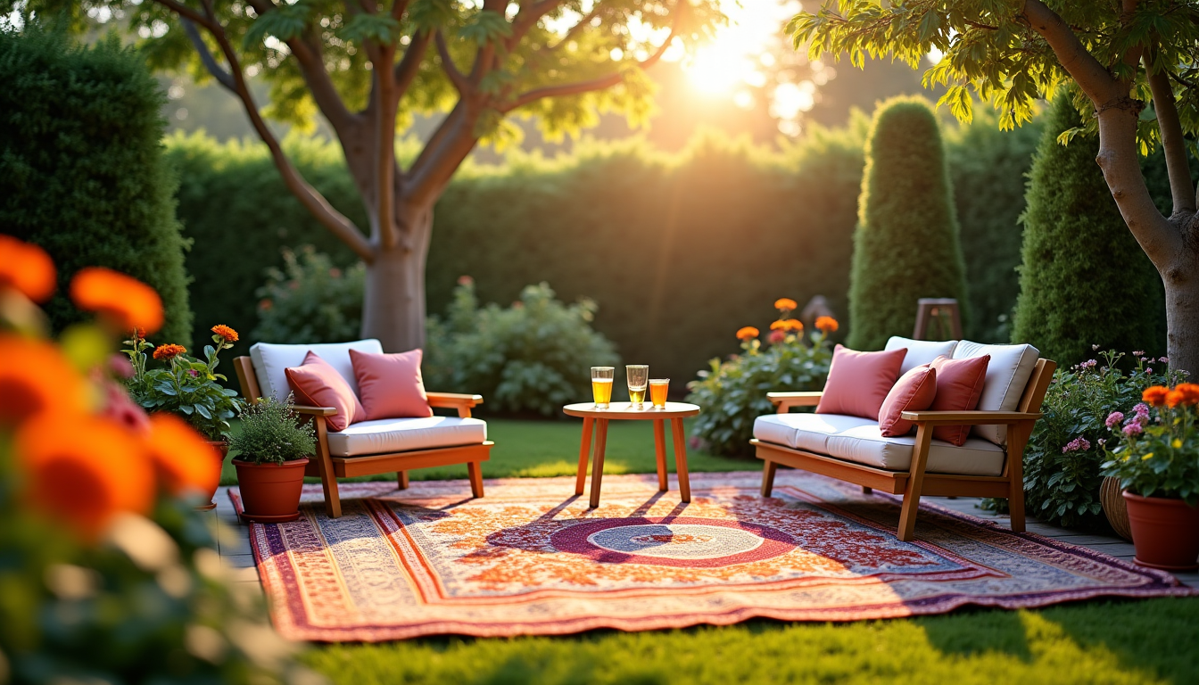 Illustration : un tapis d'extérieur délimite visuellement l'espace et ajoute — aménager un coin détente extérieur en un week-end