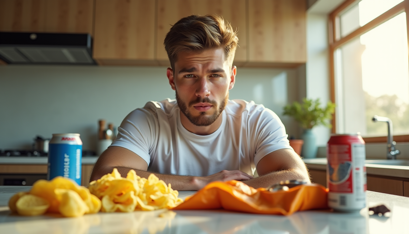 Illustration : vent à des fringales incontrôlables, poussant à consommer — erreurs alimentaires qui freinent vos progrès sportifs