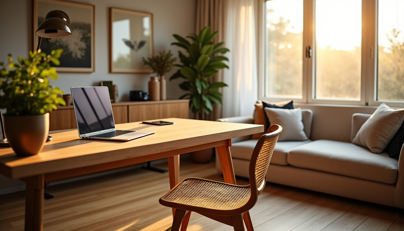 Illustration : les matériaux naturels comme le bois, le rotin — aménager un coin bureau : allier productivité et esthétique dans son salon