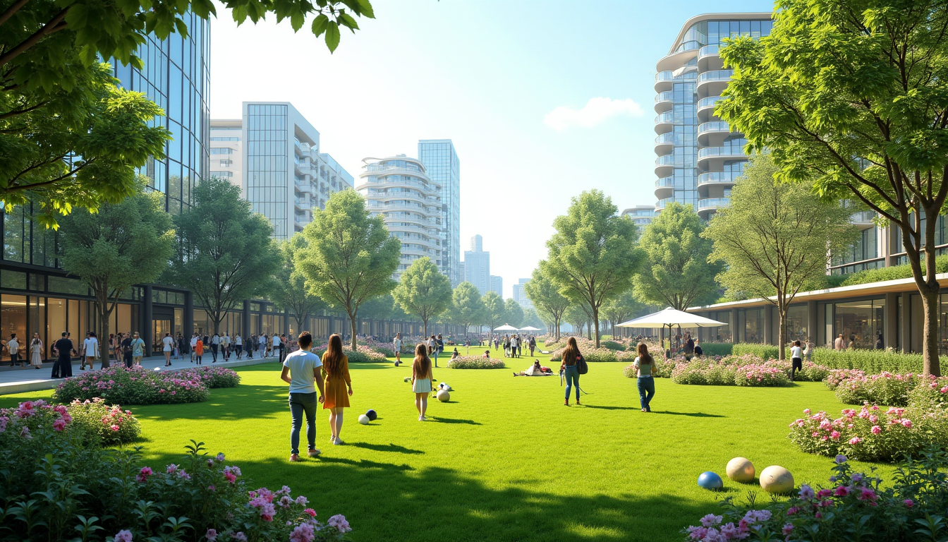 Illustration : les espaces publics sont repensés pour encourager les — chantier du futur redéfinit les villes de demain