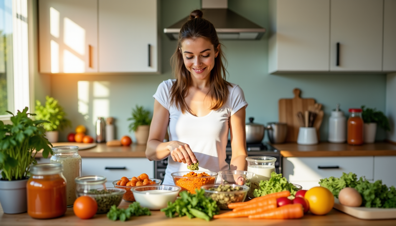 Illustration : pour soutenir un microbiote sain, intégrez des aliments — la nutrition influence la beauté