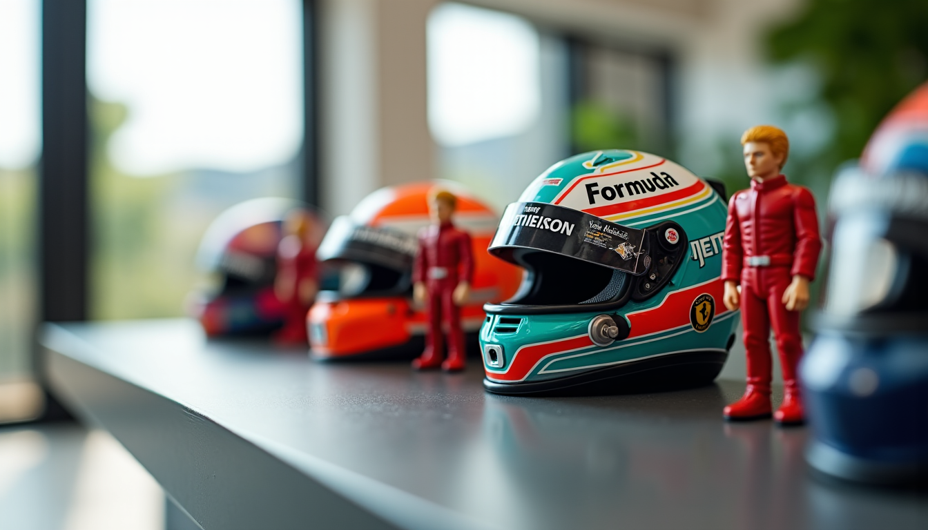 Illustration : ces duos figurine-casque sont particulièrement appréciés pour leur — casques miniatures et répliques : les plus beaux objets de déco pour les passionnés de f1