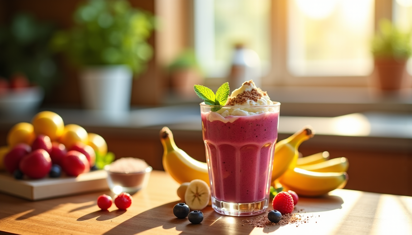 Illustration : un smoothie avec des fruits (glucides), du yaourt — nutrition sportive : le guide complet pour optimiser vos performances et votre bien-être