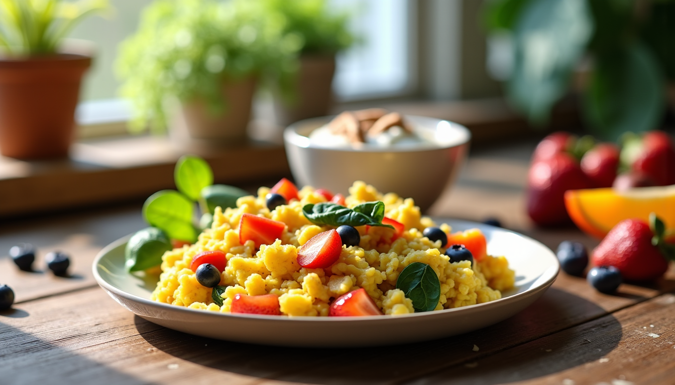 Illustration : imaginez un petit-déjeuner composé d'œufs brouillés avec des — optimiser votre vitalité grâce à une alimentation équilibrée