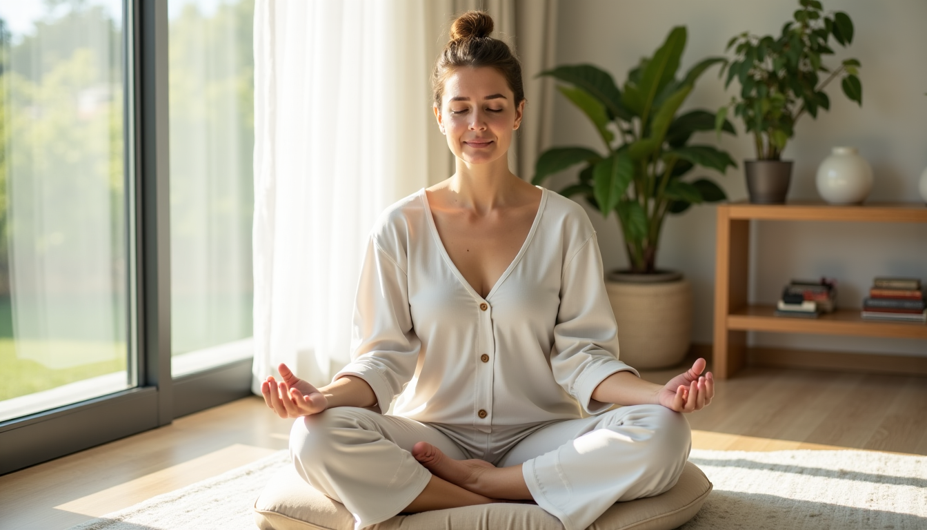 Illustration : le matin, quelques minutes de méditation ou de — l'art de vivre chez soi en harmonie et simplicité