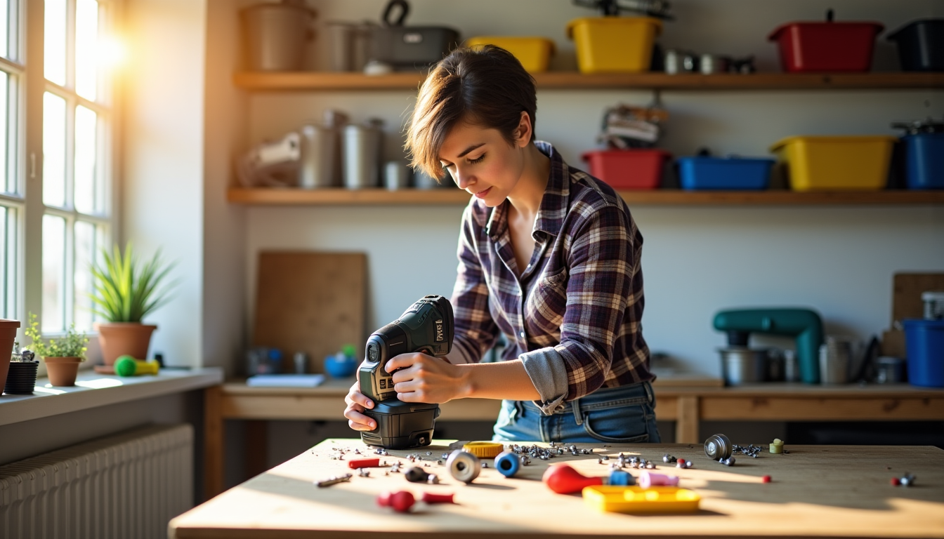 Illustration : perceuse, chevilles, vis, tournevis optimisation de l'espace, rangement — astuces bricolage pour débutants