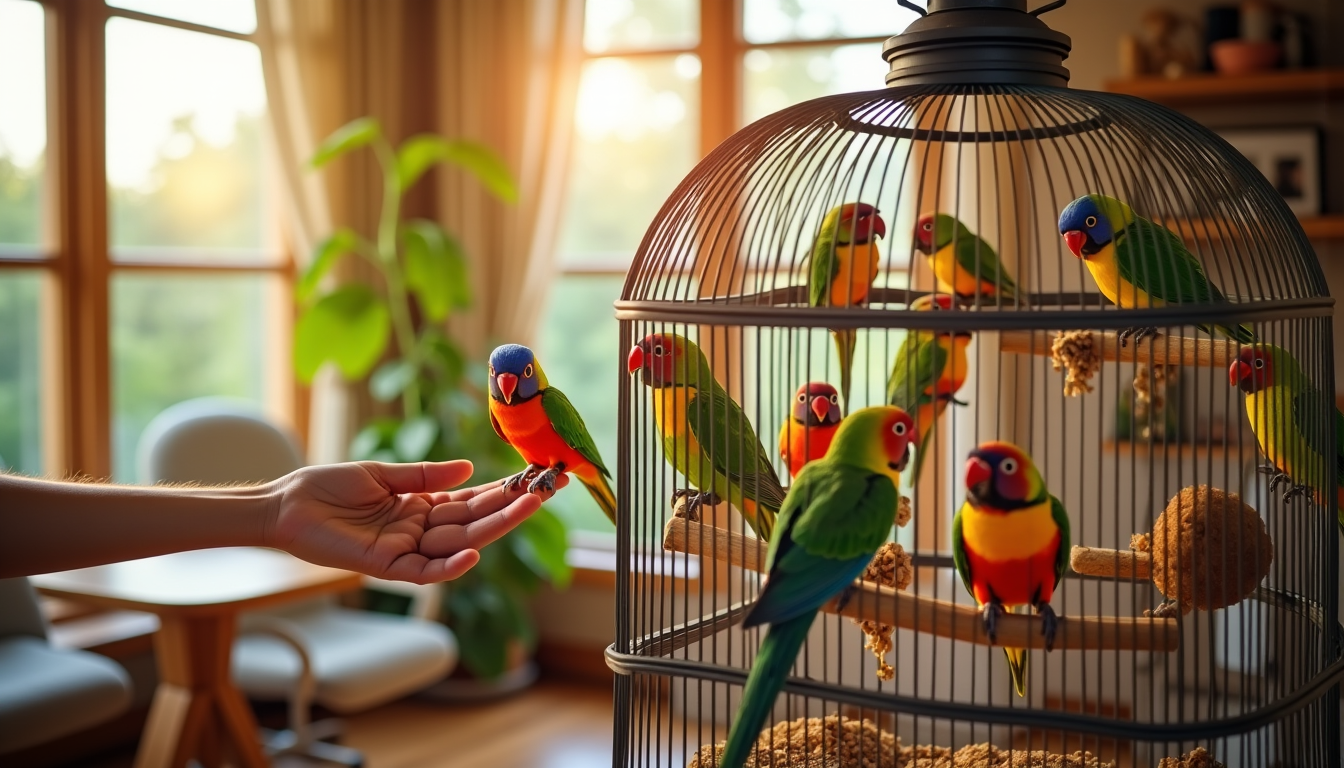 Illustration : vés, interaction (congénères ou humains) grande cage, perchoirs, — astuces pour bien s’occuper de ses animaux