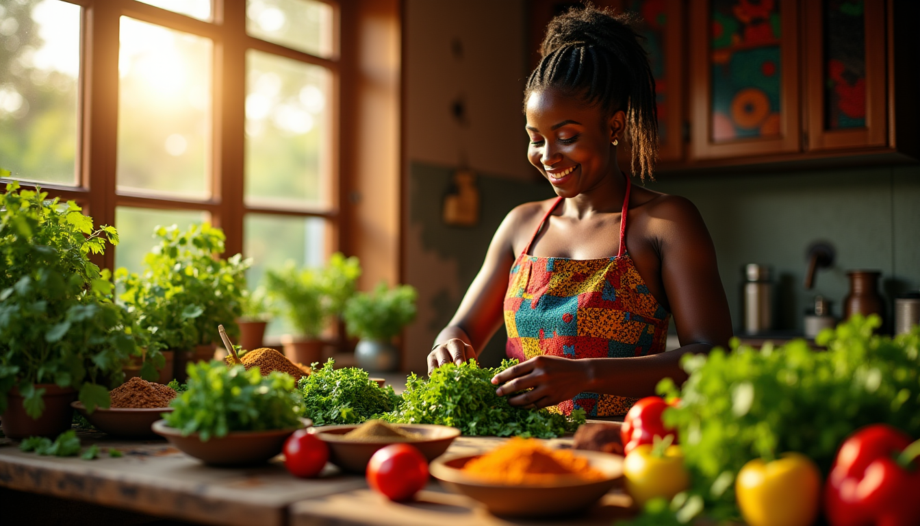 la cuisine africaine est unique — les herbes fraîches et les feuilles aromatiques contribuent
