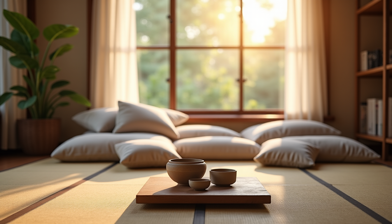 d&eacute;coration japonaise : les 7 r&egrave;gles d'or pour un int&eacute;rieur zen et &eacute;pur&eacute; &mdash; coton) pour les coussins et rideaux. c&eacute;ramique artisanale