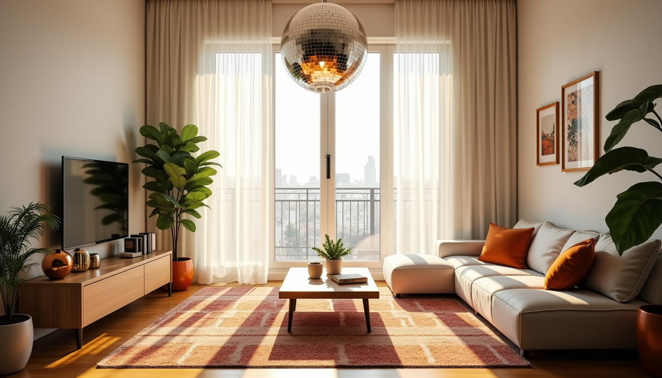 décorer son salon avec une boule à facettes : idées et inspirations traversant la pièce, projetant des milliers d'étoiles