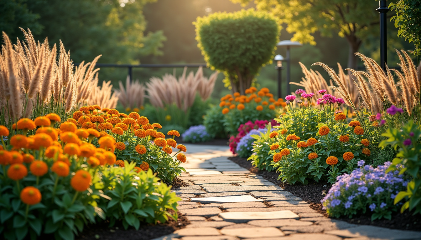 Illustration : esthétique, délimitation vivaces colorées, graminées, arbustes à fleurs — jardin : structurer un espace extérieur fonctionnel et harmonieux