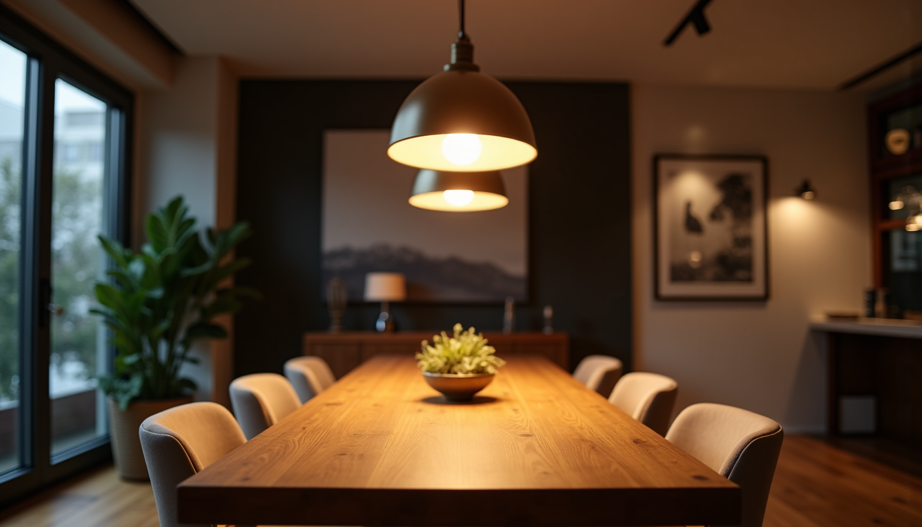 Illustration : au-dessus de la table à manger, une suspension — rôle et l'importance de l'éclairage dans la déco