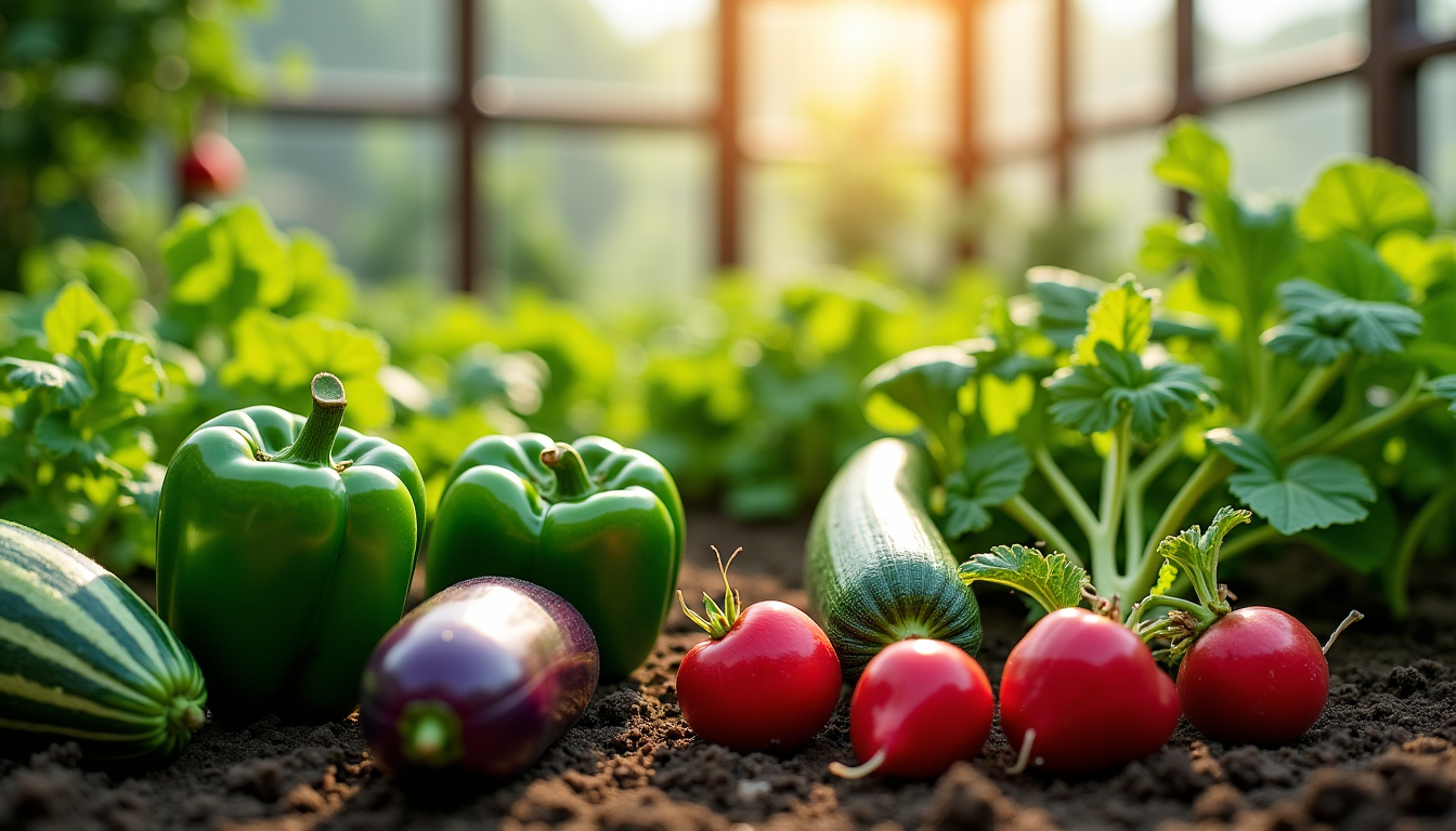 Illustration : es, poivrons, aubergines, courgettes, melons, haricots verts, laitues, — que planter dans une serre en verre ? le calendrier de culture idéal
