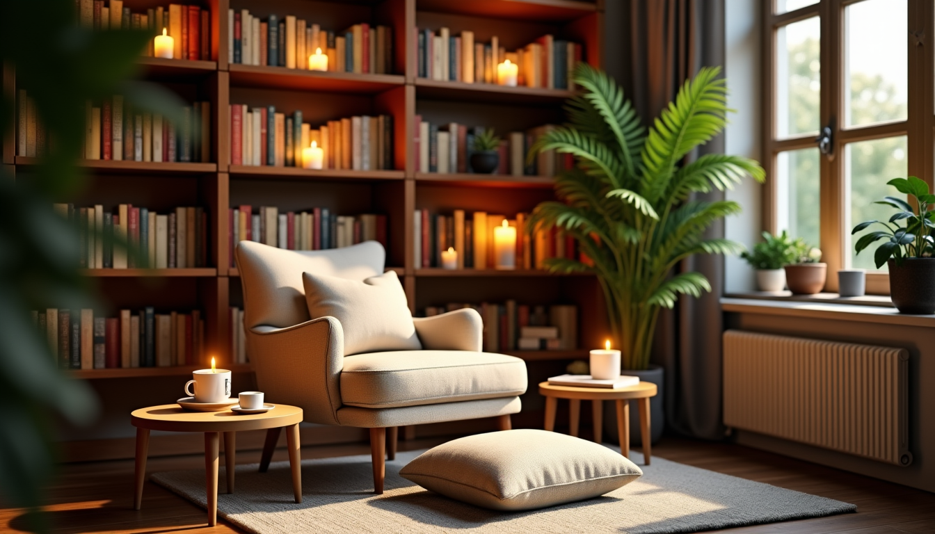 Illustration : s lumineuses ou des bougies peuvent ajouter une — créer un coin lecture à la maison : mobilier, lumière et disposition idéale