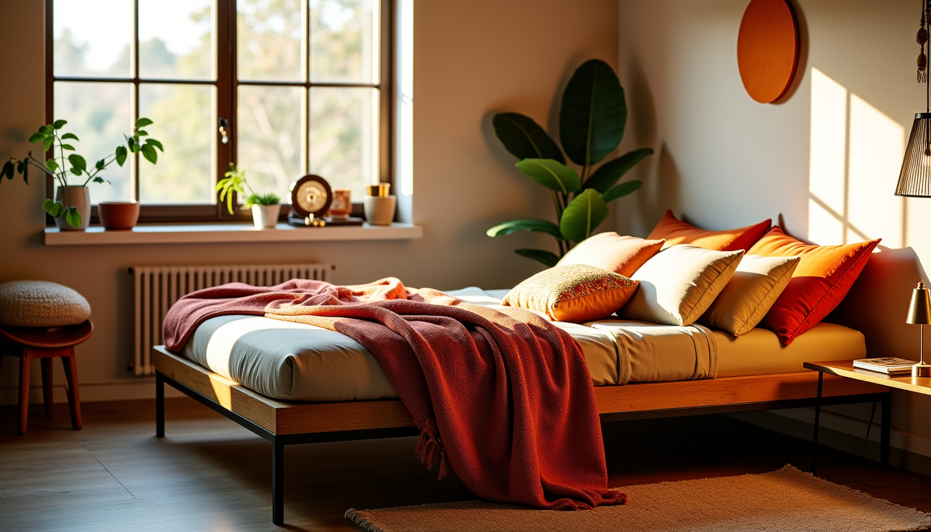 Illustration : eaux, linge de lit, housses de coussin bohème, — associer bois, métal et textile pour une déco équilibrée ?