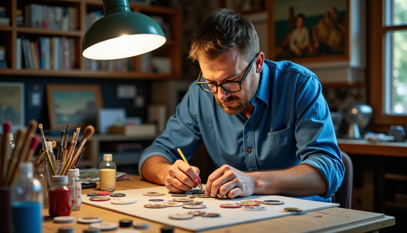 je crée des badges avec des motifs inspirés de tableaux ou de peintures célèbres — une fois l'œuvre choisie, le voyage de la