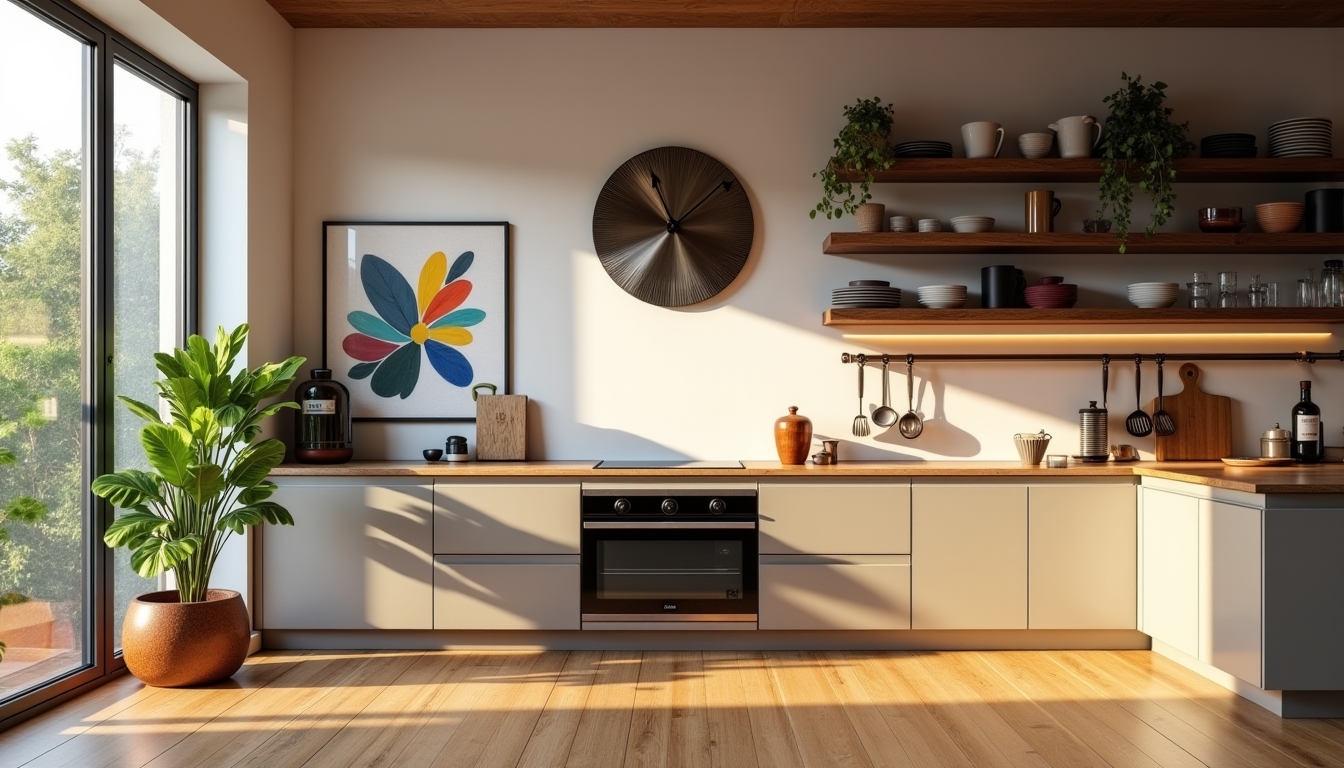 Illustration : les accessoires décoratifs, comme les tableaux, les horloges — la déco transforme votre cuisine en espace convivial