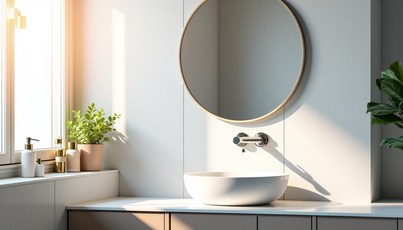 tendances incontournables pour un miroir de salle de bain design — un grand miroir rond au-dessus d'un lavabo simple