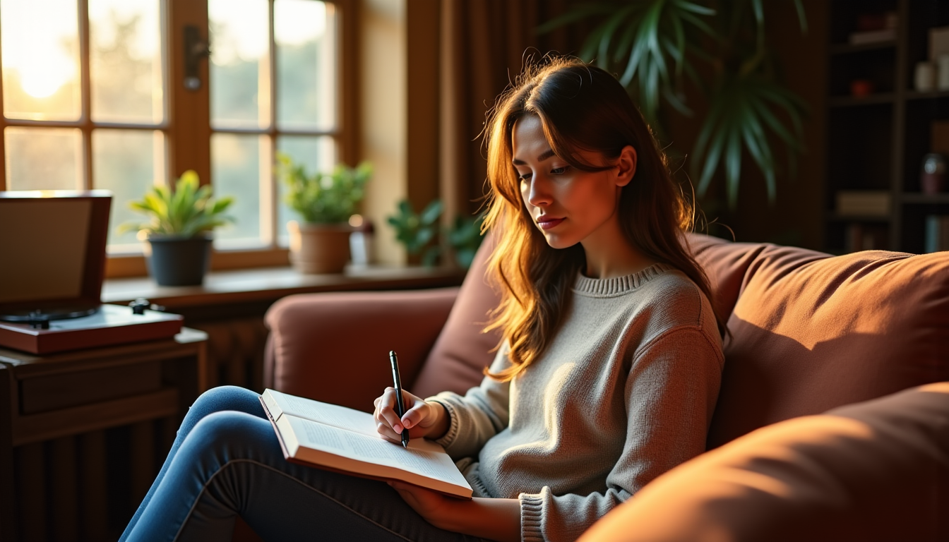 Illustration : la tenue d'un journal intime, l'écoute de musique — cultiver le bien-être : astuces pour une vie équilibrée