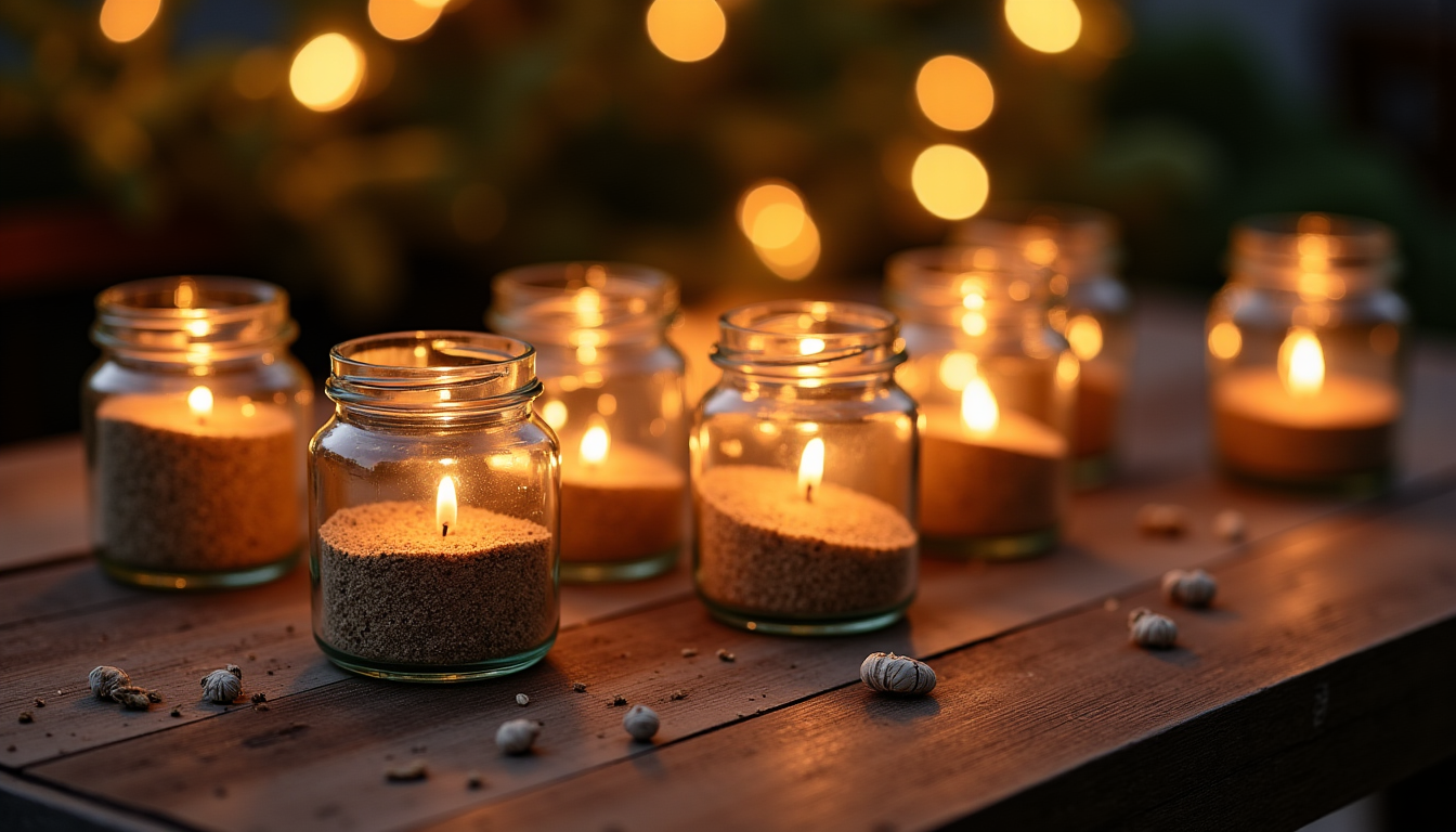 concevoir des décorations saisonnières artisanales avec un petit budget — pots de confiture, décorés de sable et de