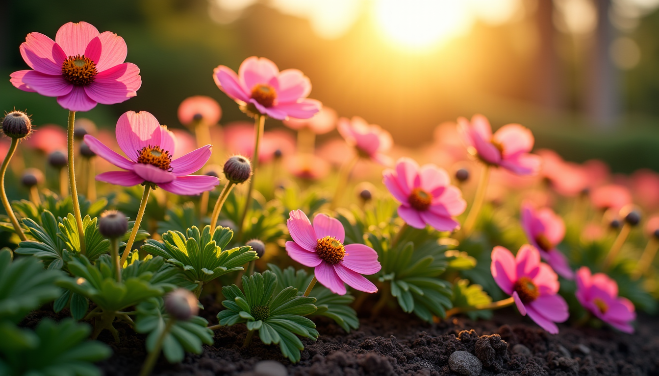Illustration : mes, sédums, anémones du japon plein soleil à — révélez la magie d'un jardin en pleine floraison