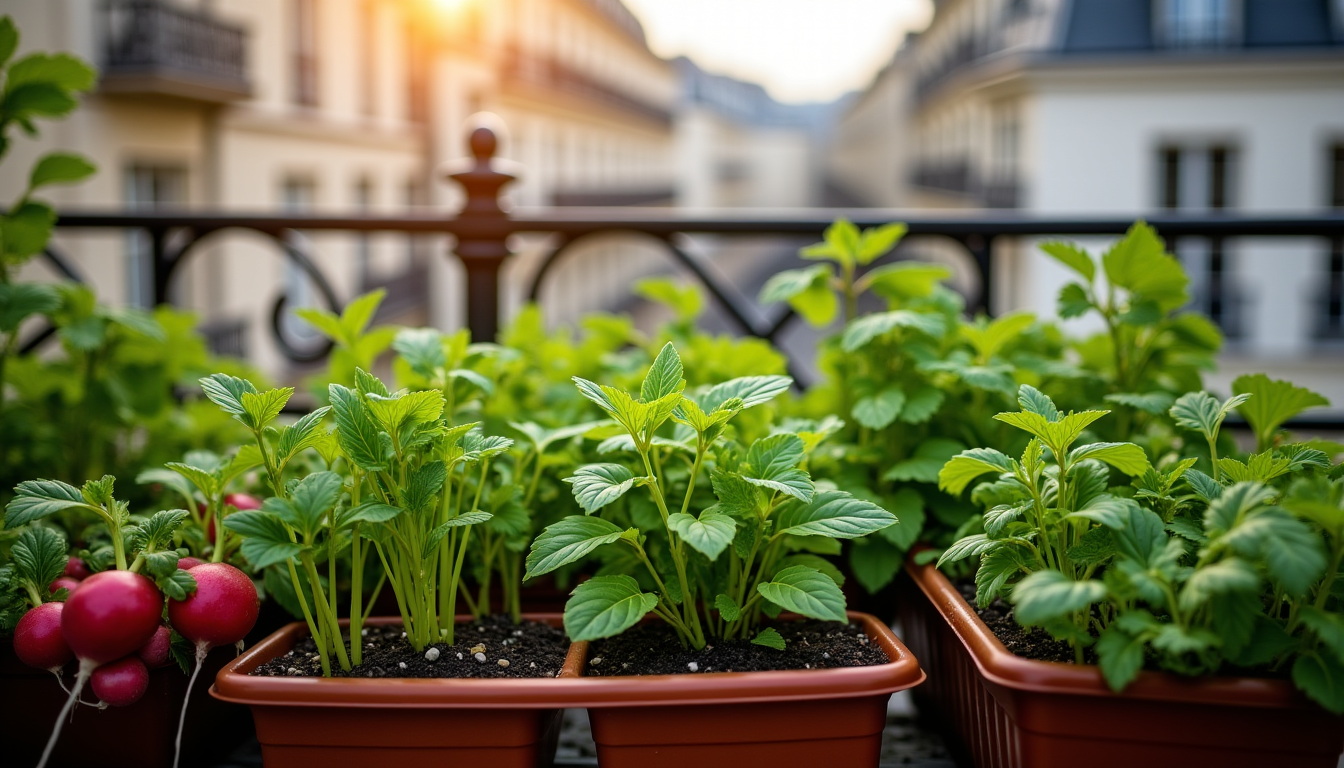 aménager un potager urbain sur un balcon à paris — radis d'hiver, menthe, persil jardinières peu profondes, pots
