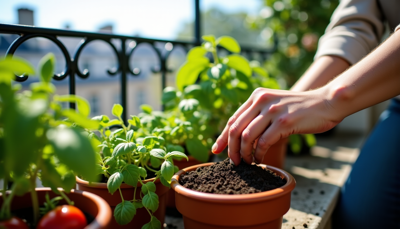 Illustration : vérifiez l'humidité du terreau en enfonçant votre doigt — aménager un potager urbain sur un balcon à paris