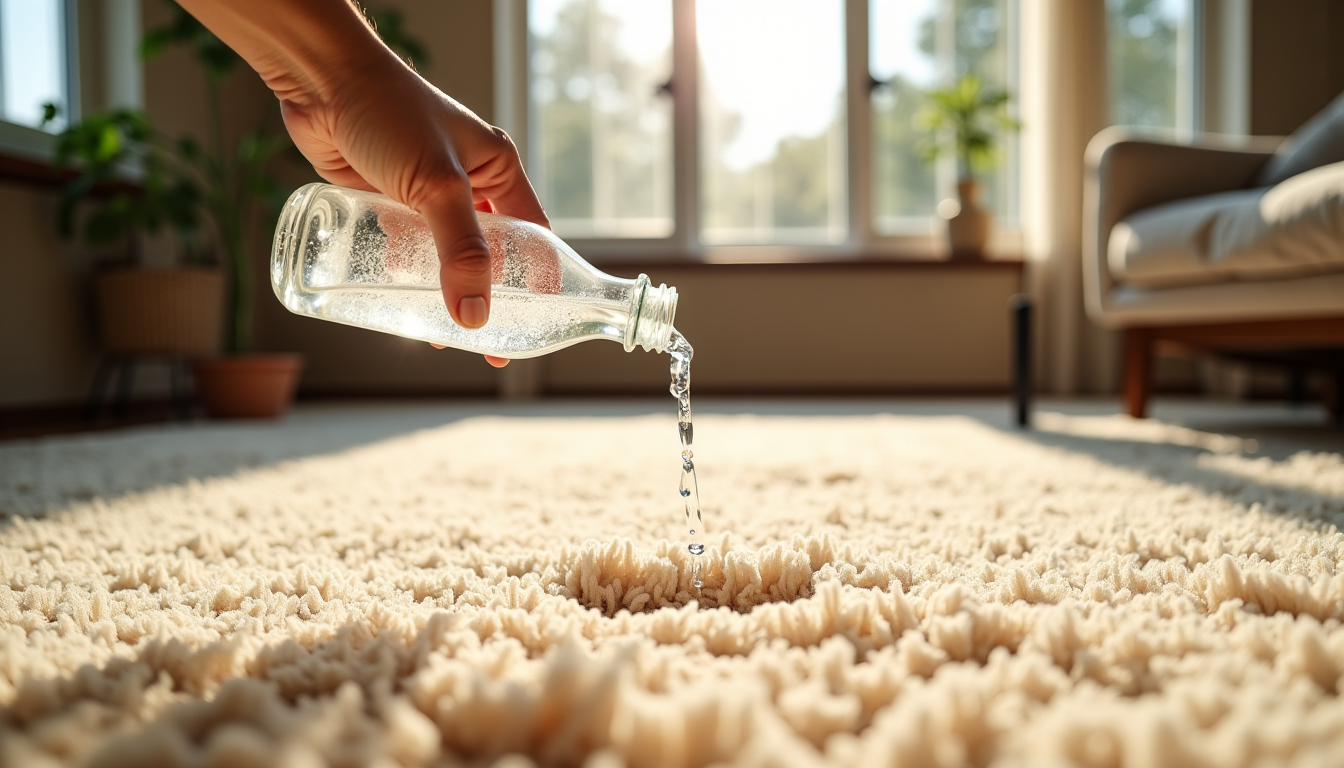 Illustration : versez de l'eau gazeuse directement sur la tache. — nettoyer un tapis de salon : guide pratique