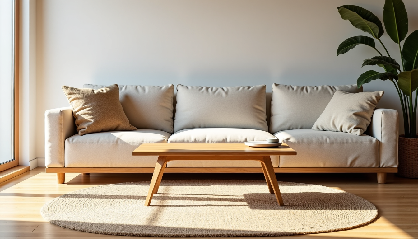 clés pour réussir une décoration minimaliste avec reminiscencehome.com — par exemple, un tapis en jute, des coussins