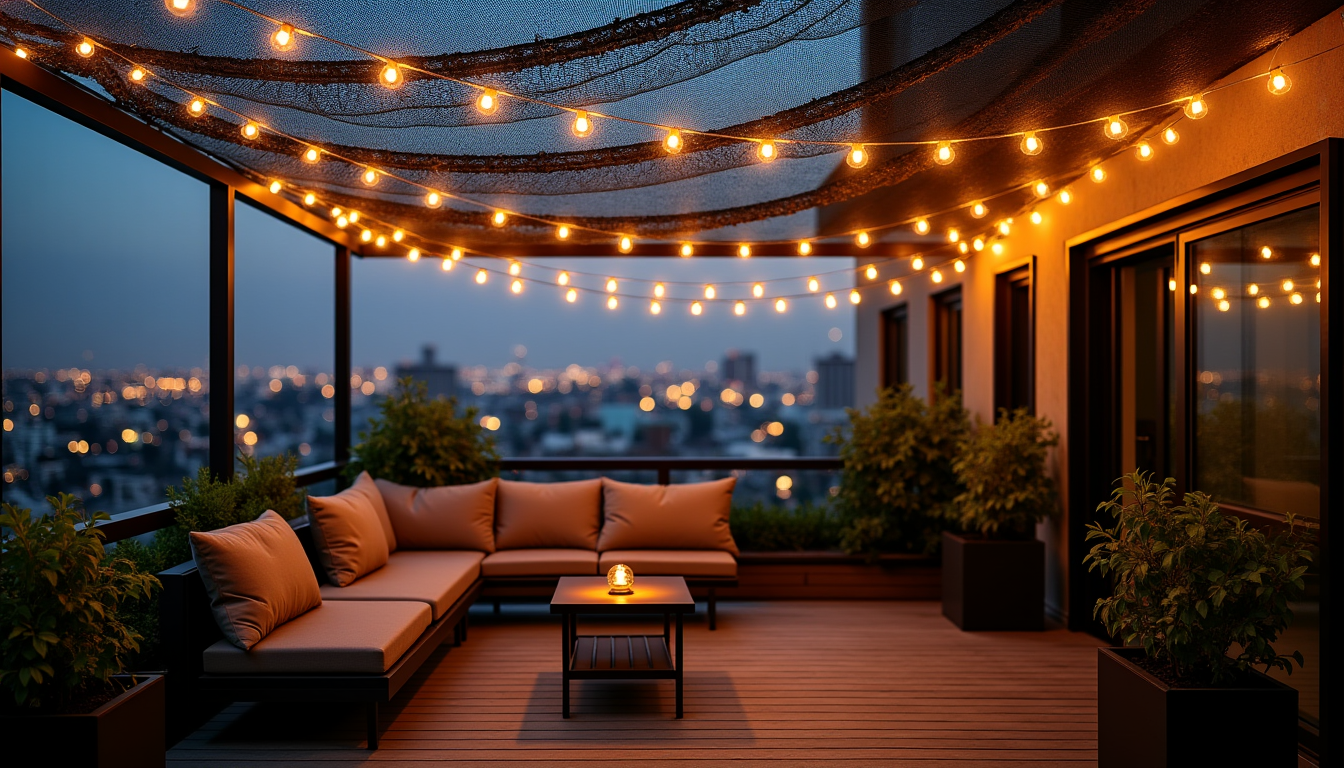 Illustration : la nuit venue, le filet de camouflage peut — aménager une terrasse moderne avec un filet de camouflage renforcé