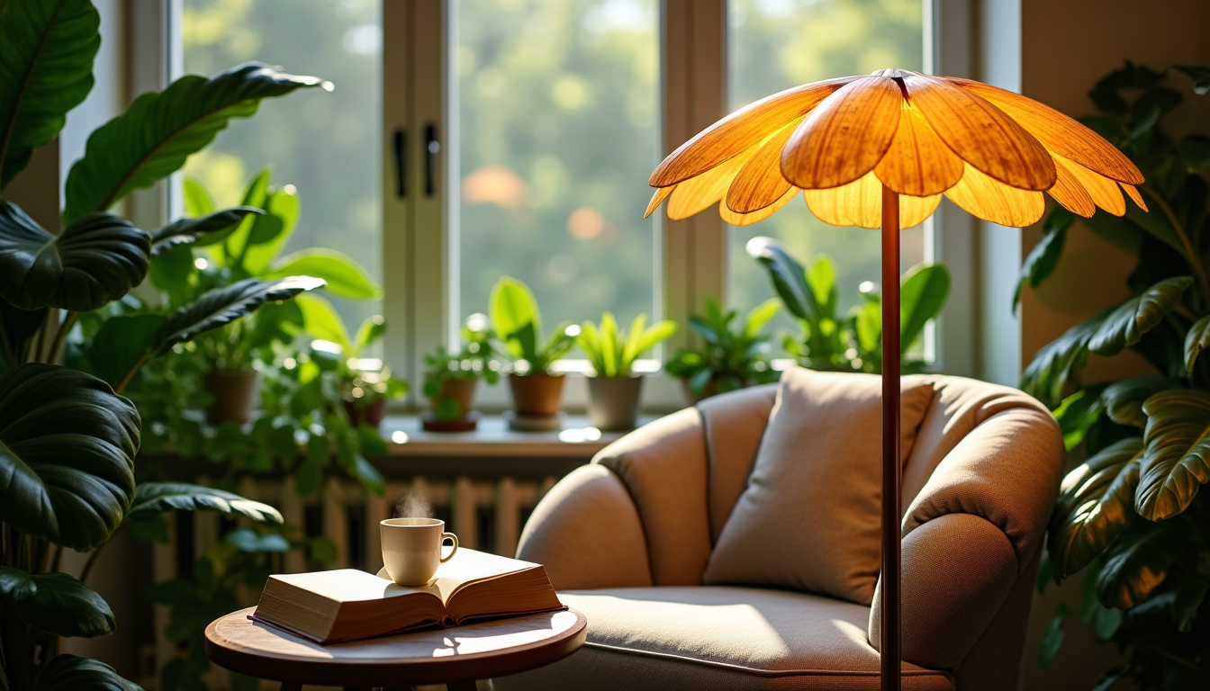 lampe sur pied fleur : créez un coin lecture lumineux et végétal propice à la détente — « un espace bien éclairé n'est pas seulement