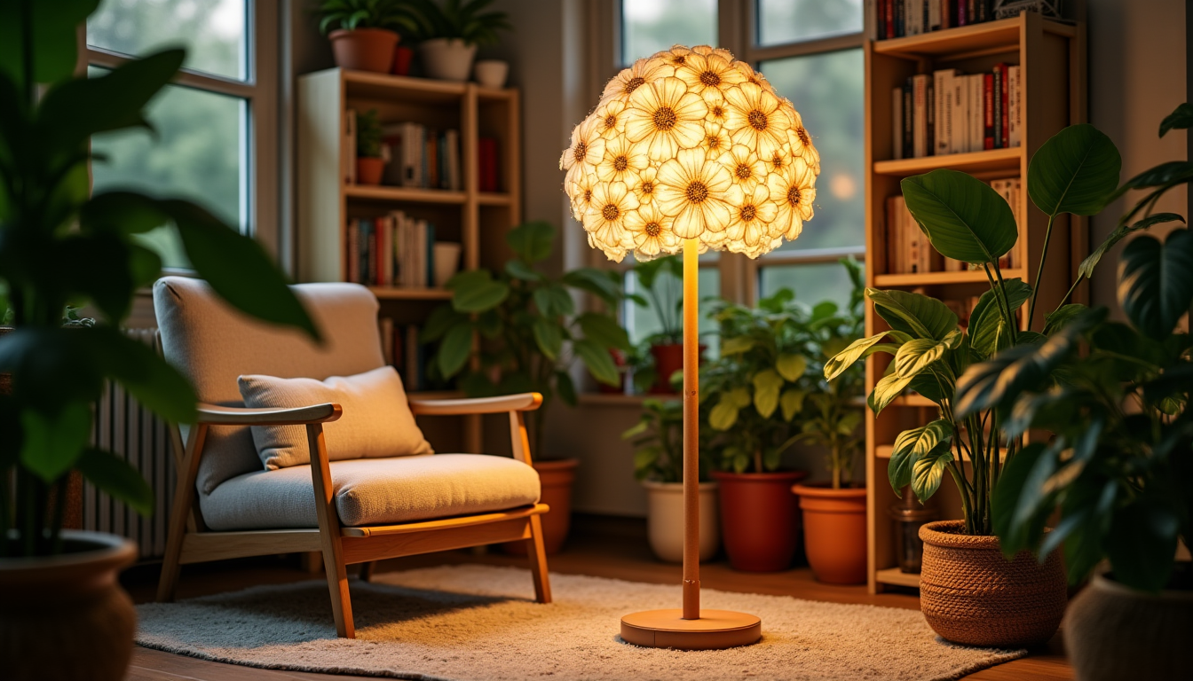 Illustration : dans la pièce. l'objectif est de créer un — lampe sur pied fleur : créez un coin lecture lumineux et végétal propice à la détente