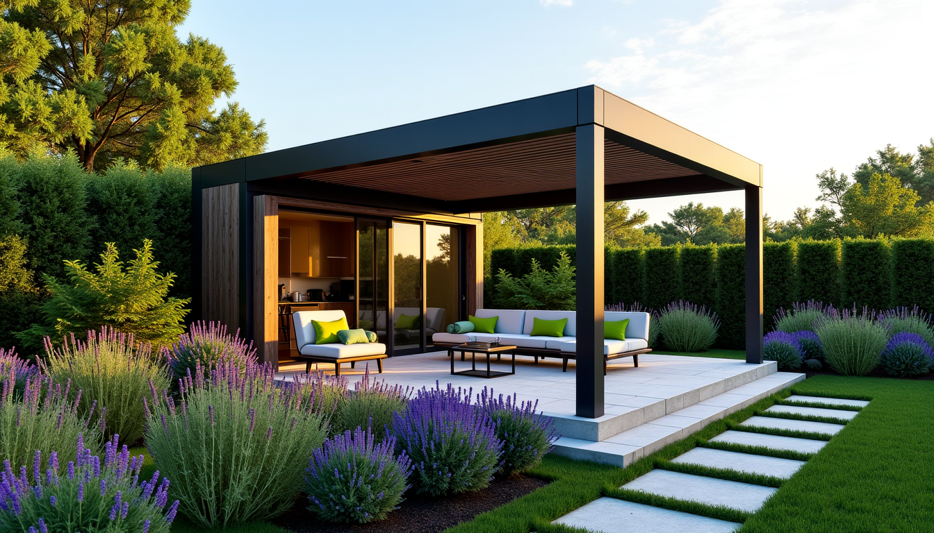 Illustration : extérieur. toutes ces options contribuent à créer un — aménager un jardin haut de gamme avec une pergola bioclimatique design