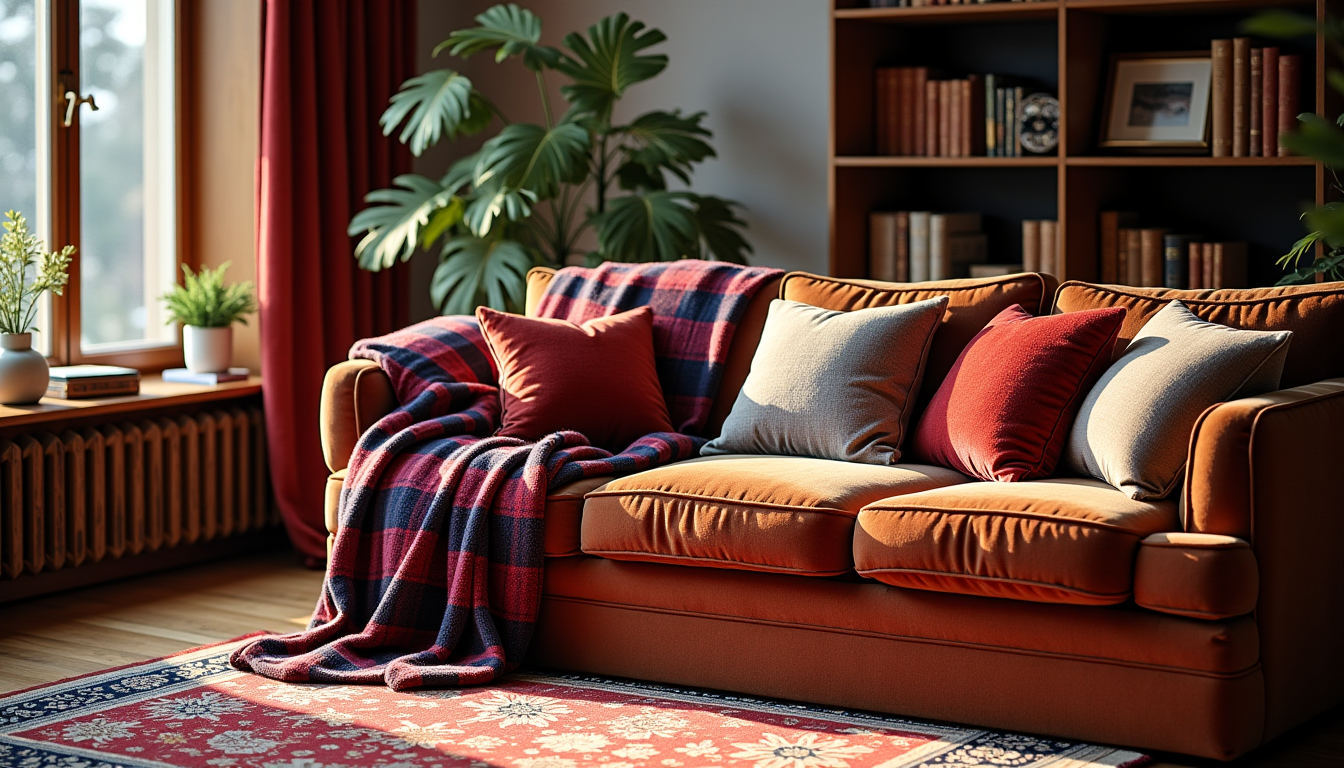 Illustration : ire luxueux, réconfortant, hivernal plaids, tapis, coussins — idées créatives pour transformer votre intérieur avec style